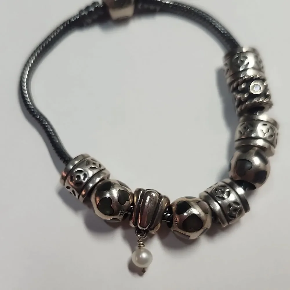 Pandora Sterling Silver Bead Charm Bracelet with Pearl Drop 9 Charms 925 ALE